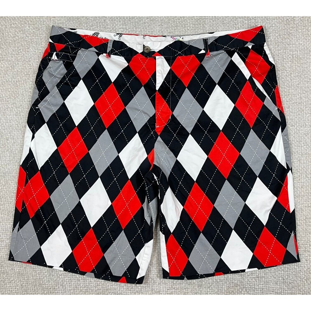 Royal & Awesome Golf Shorts Men's 44 Stretch Red Black White Gray Argyle Diamond